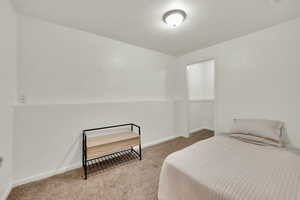 Carpeted bedroom with baseboards and closet
