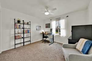 Carpeted bedroom with baseboards, a ceiling fan, and natural light