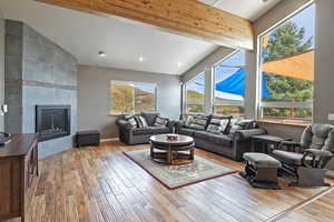 Living area with wood-type flooring, plenty of natural light, and lofted ceiling