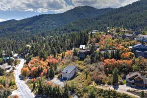 Birds eye view of property with a wooded view, a mountain view, and a residential view