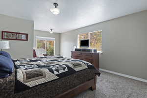 Carpeted bedroom with private deck
