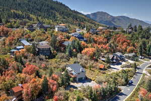 Aerial view with a mountain view, a view of trees, and a residential view