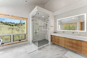 Full bathroom featuring a shower stall, marble finish floor, vanity, and visible vents