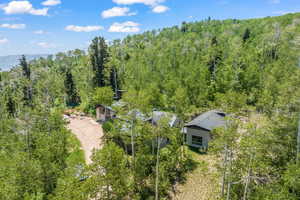 Aerial view featuring a forest view