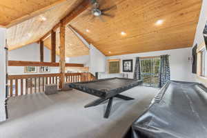Game room with billiards, wood ceiling, ceiling fan, carpet floors, and recessed lighting