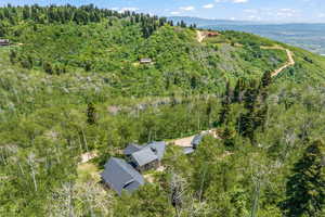 Aerial view featuring a wooded view