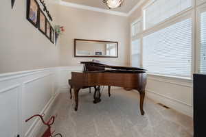 Living area featuring carpet floors, ornamental molding, a decorative wall, and a wainscoted wall