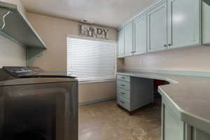 Laundry room with washer and dryer, cabinet space, and an office area