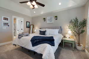 Bedroom featuring carpet floors, vaulted ceiling, a ceiling fan, and recessed lighting