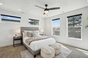 Carpeted bedroom featuring recessed lighting, visible vents, and baseboards