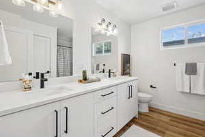 Bathroom featuring baseboards, wood finished floors, visible vents, and a sink