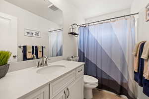 Bathroom with curtained shower, visible vents, toilet, and vanity