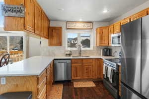 Kitchen with a sink, light countertops, a peninsula, appliances with stainless steel finishes, and dark wood-style floors