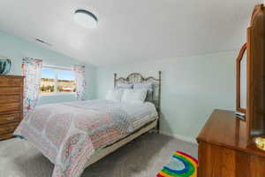 Bedroom featuring baseboards, vaulted ceiling, visible vents, and carpet