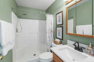 Full bathroom with curtained shower, toilet, and vanity