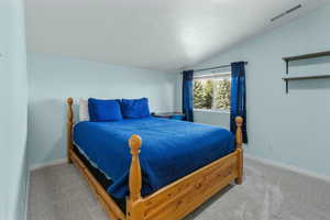 Bedroom with lofted ceiling, visible vents, baseboards, and carpet