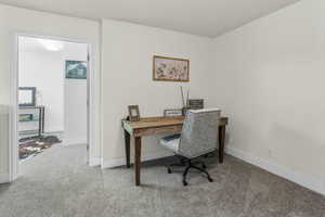 Office space with baseboards and carpet flooring