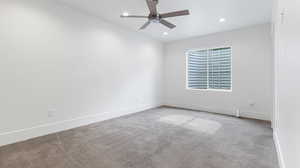 Unfurnished room featuring baseboards, carpet flooring, recessed lighting, and ceiling fan