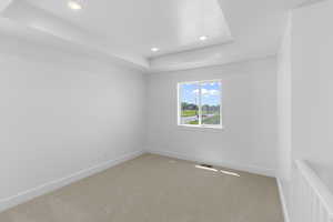 Unfurnished room featuring light colored carpet, baseboards, a tray ceiling, and visible vents