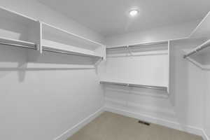 Spacious closet featuring visible vents and carpet floors