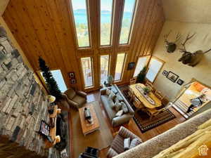 Living room featuring wood finished floors and high vaulted ceiling