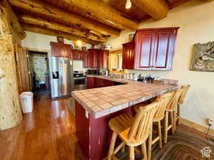 Kitchen with reddish brown cabinets, wooden ceiling, stainless steel appliances, and dark wood-style floors