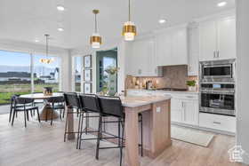 Kitchen featuring tasteful backsplash, stainless steel appliances, light wood finished floors, and plenty of natural light