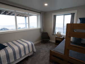 Bedroom with baseboards, visible vents, and multiple windows