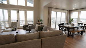 Living area with recessed lighting, wood finished floors, and a mountain view