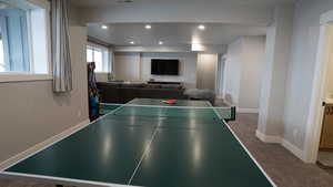 Game room with recessed lighting, visible vents, carpet flooring, and baseboards