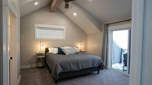 Carpeted bedroom with recessed lighting, access to exterior, vaulted ceiling with beams, and baseboards