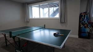 Rec room with baseboards and carpet