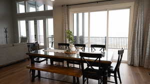 Dining area with wood finished floors, visible vents, and plenty of natural light