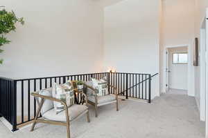 Hallway with an upstairs landing, a high ceiling, and carpet flooring