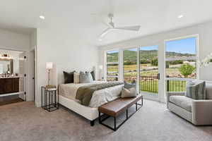 Bedroom with access to exterior, carpet, recessed lighting, ensuite bathroom, and a ceiling fan