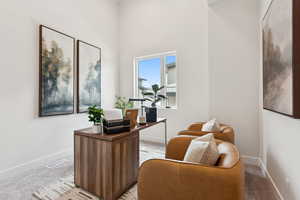 Office area featuring light colored carpet and a high ceiling
