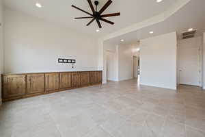 Unfurnished room with a ceiling fan, visible vents, recessed lighting, and light tile patterned floors