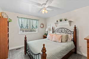 Bedroom with baseboards, carpet flooring, and visible vents