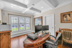 Home office featuring crown molding, wood finished floors, coffered ceiling, beam ceiling, and recessed lighting