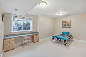 Bedroom with light colored carpet, baseboards, and visible vents