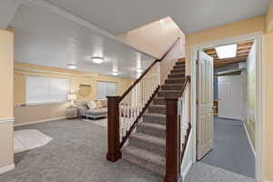 Staircase featuring carpet and baseboards