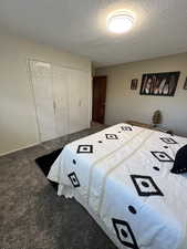 Bedroom featuring a textured ceiling, carpet floors, and a closet