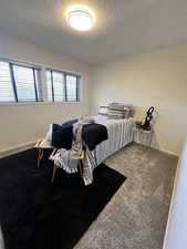 Carpeted bedroom with a textured ceiling