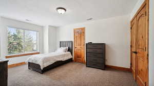 Bedroom with baseboards, carpet flooring, a textured ceiling, and visible vents