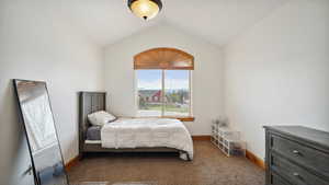 Carpeted bedroom with baseboards and vaulted ceiling
