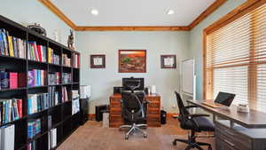 Office area featuring baseboards, carpet, recessed lighting, and crown molding