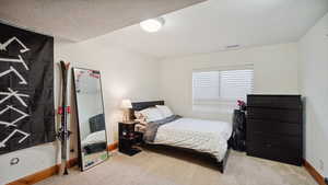 Bedroom with visible vents, baseboards, carpet flooring, and a textured ceiling