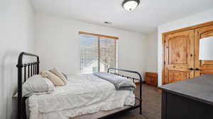 Carpeted bedroom featuring visible vents