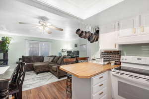 Kitchen featuring tasteful backsplash, electric stove, under cabinet range hood, white cabinetry, and wood finished floors