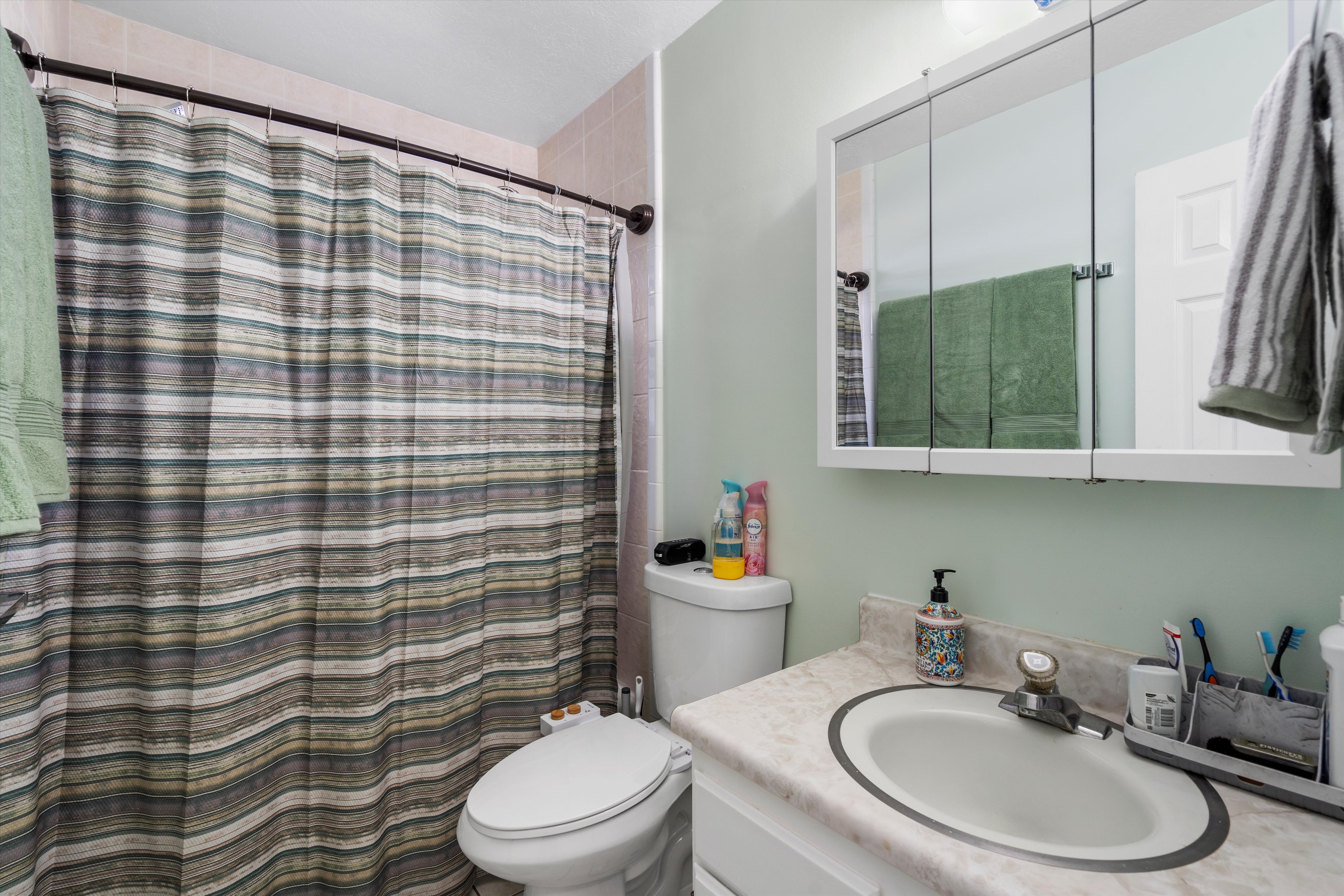 Bathroom featuring toilet, vanity, and a shower with curtain